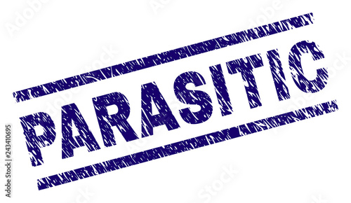 PARASITIC seal print with scratced style. Blue vector rubber print of PARASITIC caption with retro texture. Text label is placed between parallel lines.