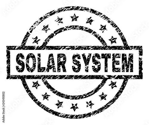 SOLAR SYSTEM stamp seal watermark with distress style. Designed with rectangle, circles and stars. Black vector rubber print of SOLAR SYSTEM caption with corroded texture.