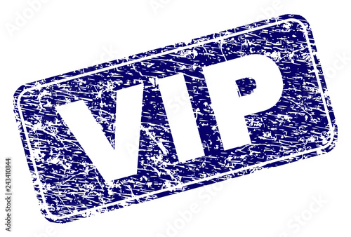 VIP stamp seal print with distress style. Seal shape is a rounded rectangle with frame. Blue vector rubber print of VIP title with grunge style.