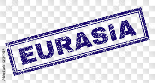 EURASIA stamp seal imprint with rubber print style and double framed rectangle shape. Stamp is placed on a transparent background. Blue vector rubber print of EURASIA text with retro texture.