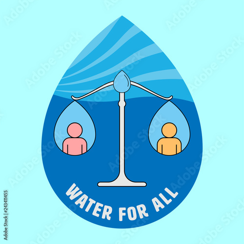 Balance scale composed of water drop icons as a gimmick. Water for all concept. Vector illustration.