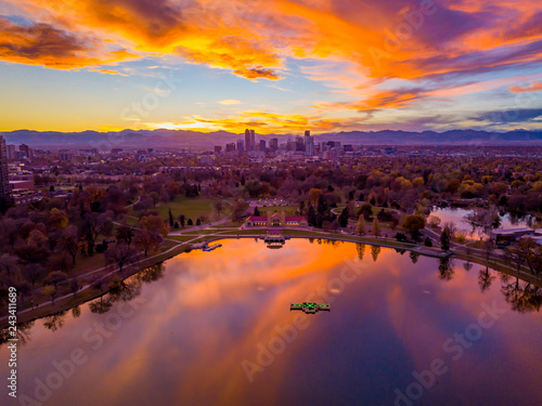 Beautiful Drone Sunset from above City Park in Denver, Colorado photo