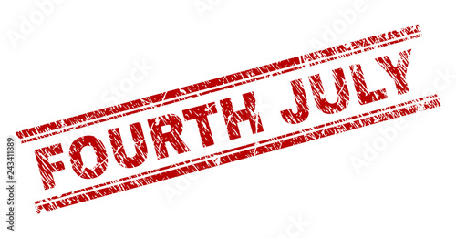 FOURTH JULY seal imprint with corroded texture. Red vector rubber print of FOURTH JULY text with unclean texture. Text caption is placed between double parallel lines.