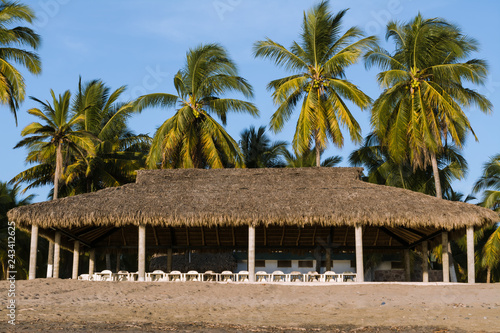 La palapa grande tiene palmeras alrededor.