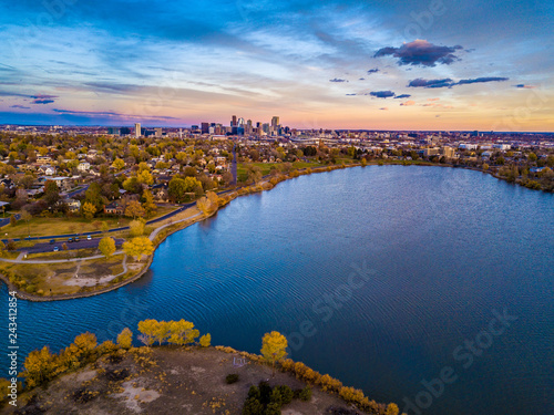 Colorful Drone Sunset at Sloan's Lake in Denver, Colorado 