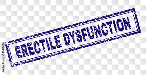 ERECTILE DYSFUNCTION stamp seal print with rubber print style and double framed rectangle shape. Stamp is placed on a transparent background.