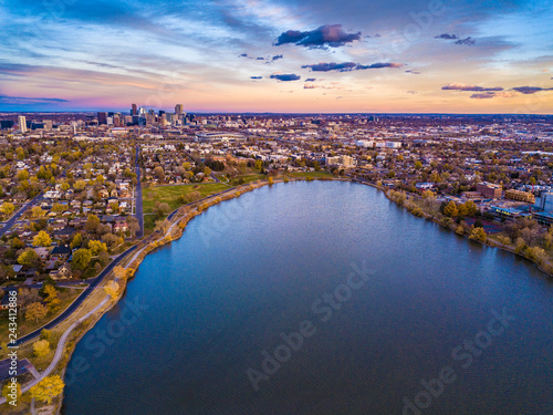 Colorful Drone Sunset at Sloan s Lake in Denver  Colorado 