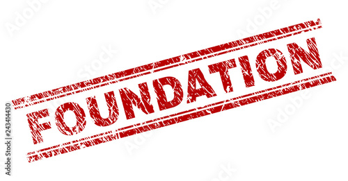 FOUNDATION seal imprint with corroded texture. Red vector rubber print of FOUNDATION title with corroded texture. Text title is placed between double parallel lines.