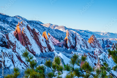 Hiking in the Red Rocks in Winter in Denver, Colorado photo