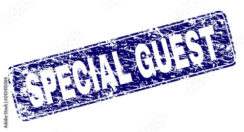 SPECIAL GUEST stamp seal print with distress texture. Seal shape is a rounded rectangle with frame. Blue vector rubber print of SPECIAL GUEST tag with dust texture.