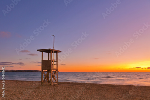 Life Guard Lookout on El Arenal beach near Palma de Mallorca in sunset time