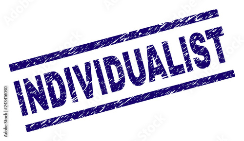 INDIVIDUALIST seal print with distress style. Blue vector rubber print of INDIVIDUALIST label with scratched texture. Text label is placed between parallel lines.