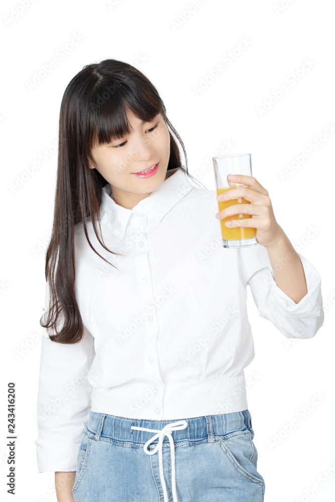 Chinese woman drinking orange juice isolated on white background Chinese woman drinking orange juice isolated on white background