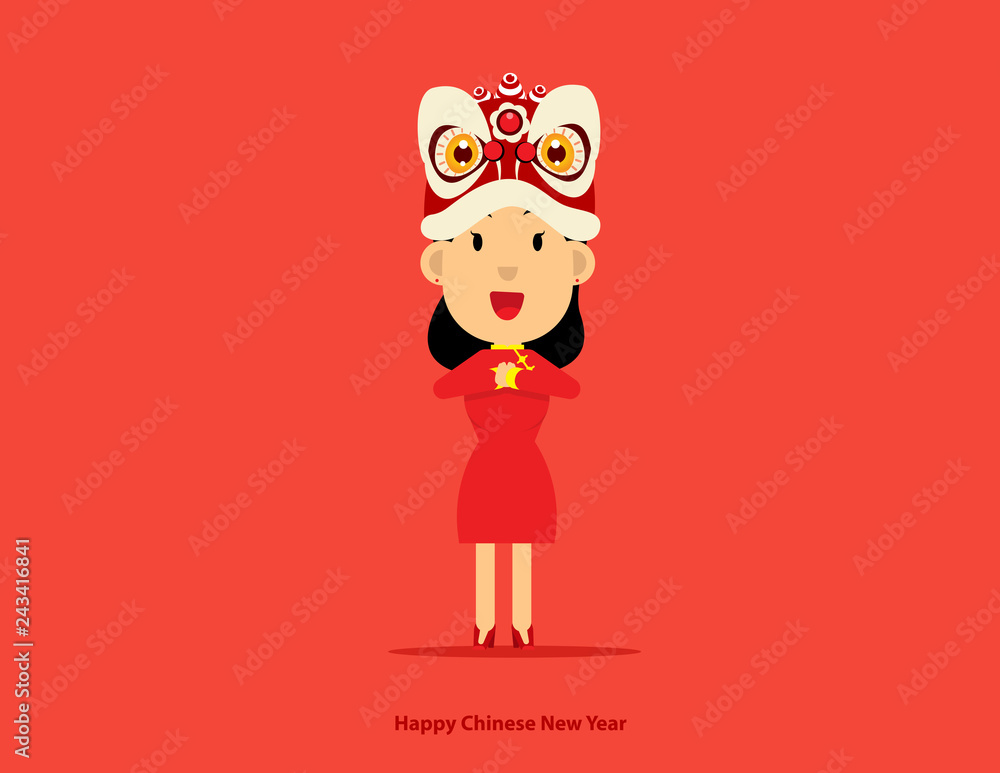 Fototapeta premium Cute Girl with chinese New Year lion Dance Head. Concept Celebrate vector illustration, Holiday, Isolated.