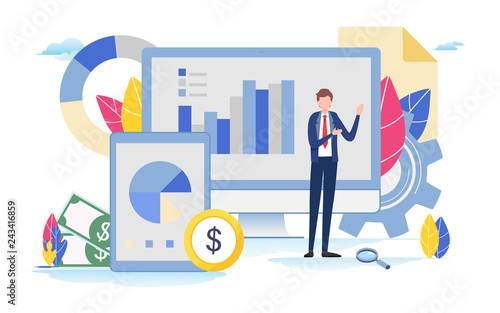 Business assistant. financial, investment management. Flat cartoon miniature  illustration vector graphic on white background.