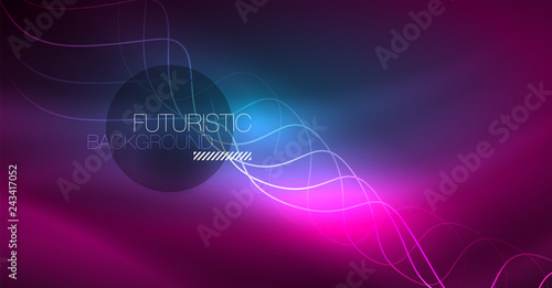 Abstract shiny glowinng color wave design element on dark background - science or technology concept