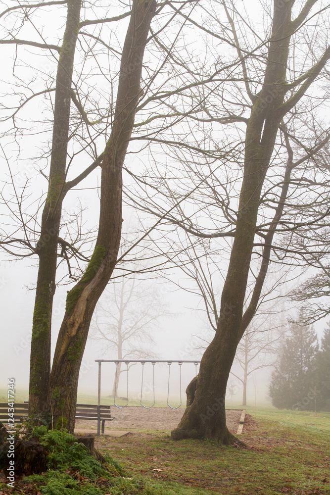 Obraz premium Playground equipment is unused on a damp and foggy morning; fog surrounds a playground on a day too cold for children to play