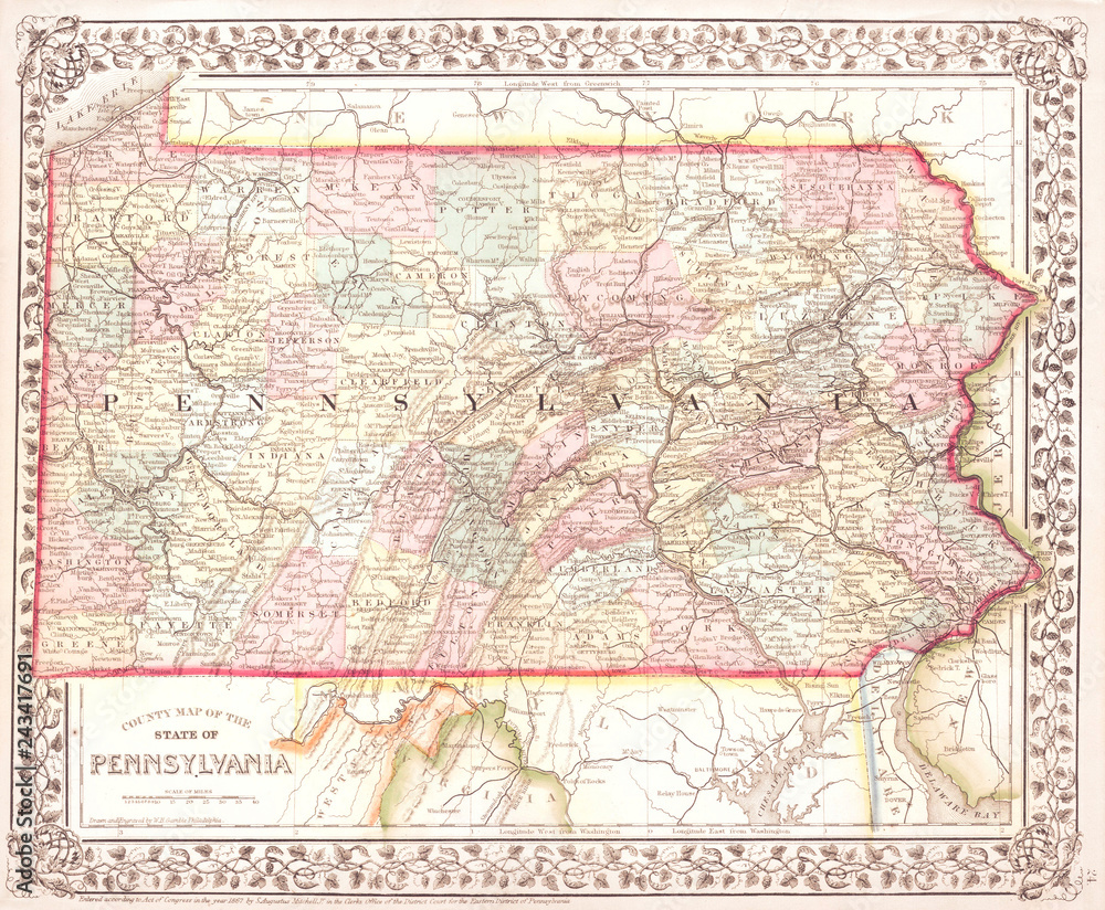 1867, Mitchell Map of Pennsylvania