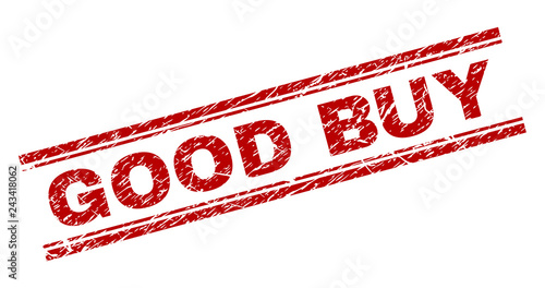 GOOD BUY seal print with grunge texture. Red vector rubber print of GOOD BUY text with unclean texture. Text title is placed between double parallel lines.