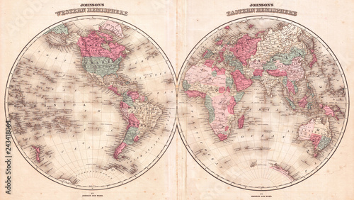 Fototapeta Naklejka Na Ścianę i Meble -  Old Map of the World in Hemispheres, Johnson 1866