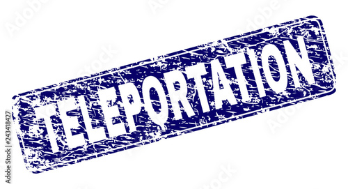 TELEPORTATION stamp seal print with grunge texture. Seal shape is a rounded rectangle with frame. Blue vector rubber print of TELEPORTATION title with grunge texture.