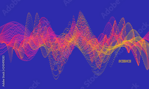 Sound waves. Dynamic effect. Vector illustration with particle. 3D grid surface.