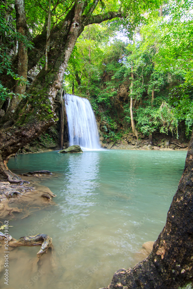 Naklejka premium Waterfalls In Deep Forest at Erawan Waterfall in National Park Kanchanaburi Thailand