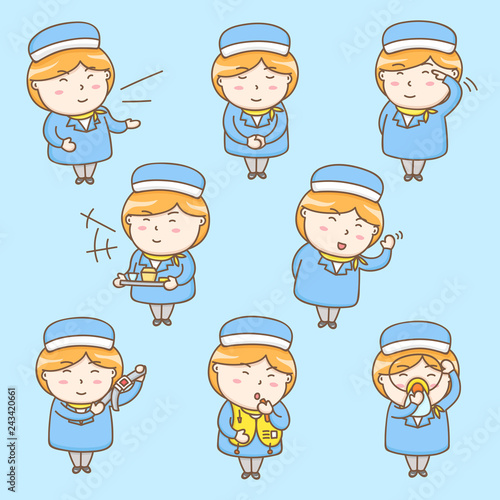 Design elements vector of cute air hostess cartoon character in duties on flight operation. Cabin crew, Flight attendant, Aircrew.