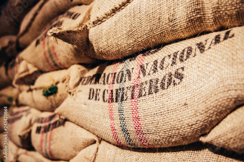 Fotografija Sacks of colombian coffee ready for export hessian bags
