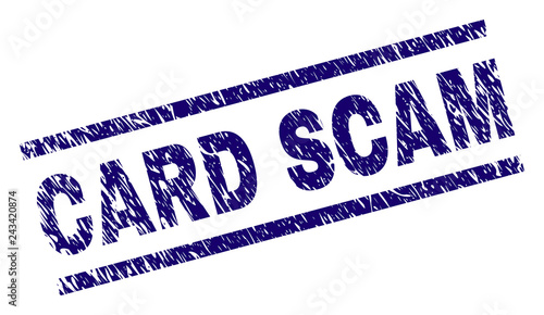 CARD SCAM seal imprint with scratced style. Blue vector rubber print of CARD SCAM text with dust texture. Text caption is placed between parallel lines.