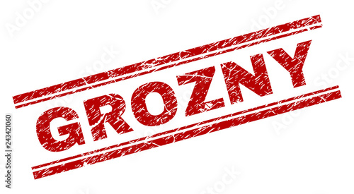 GROZNY seal watermark with distress texture. Red vector rubber print of GROZNY text with dust texture. Text tag is placed between double parallel lines.