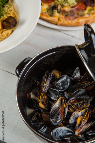 Shellfish Mussels in copper bowl