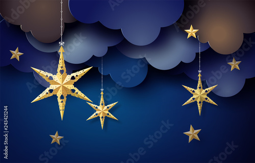 Origami star hang on sky in dark night,