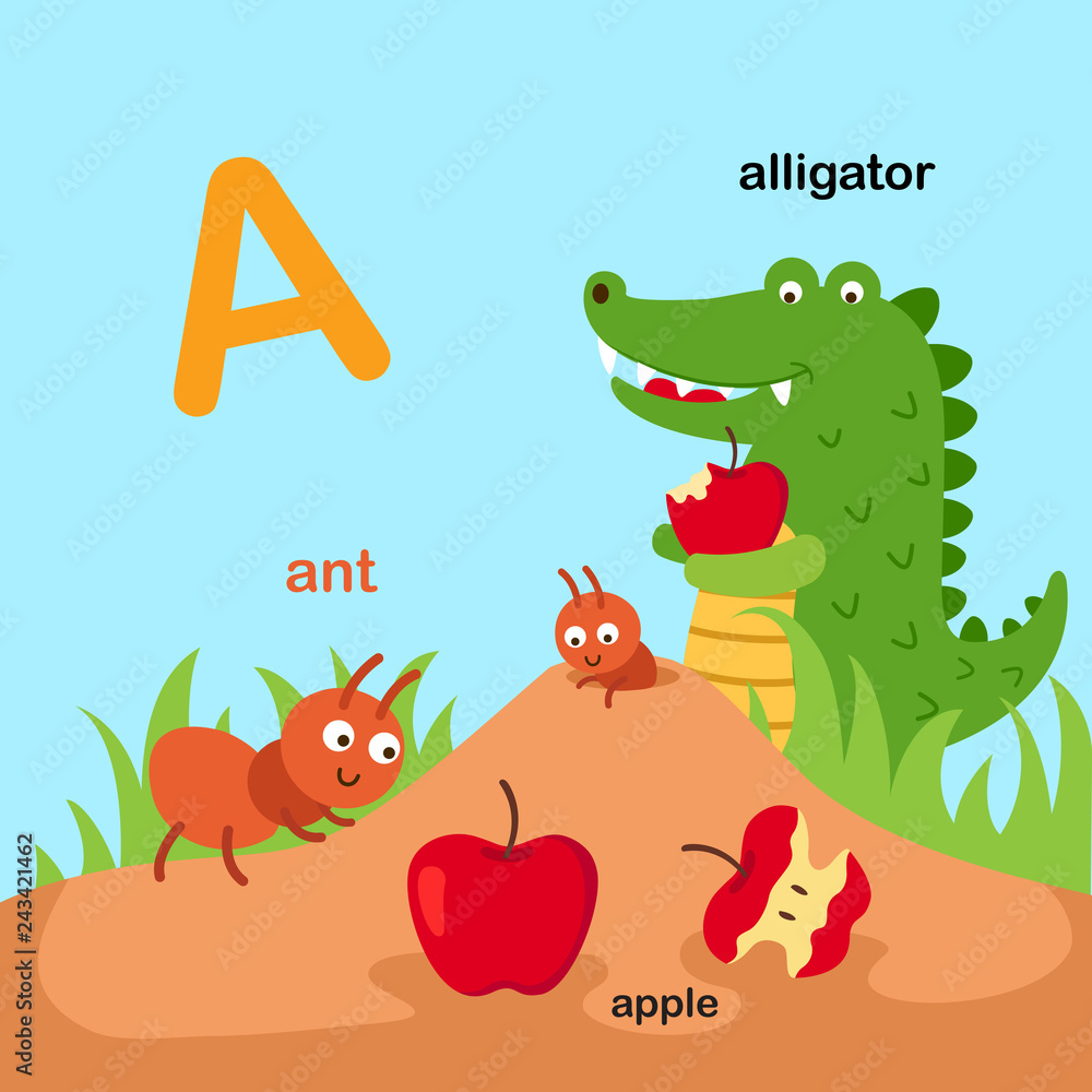 Illustration Isolated Animal Alphabet Letter A-ant,apple,alligator.vector