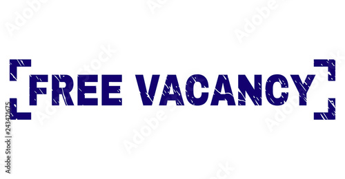 FREE VACANCY text seal print with distress texture. Text caption is placed inside corners. Blue vector rubber print of FREE VACANCY with corroded texture.
