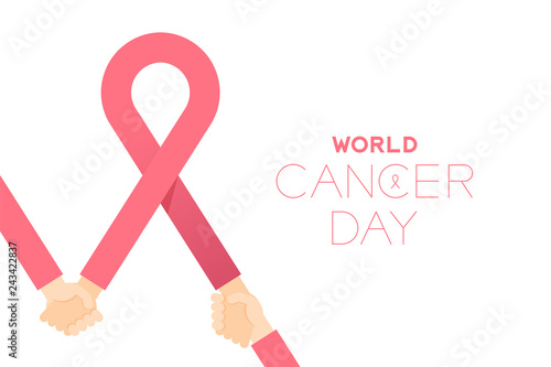 Pink ribbon breast cancer sign with Holding hands, World cancer day concept layout poster template design illustration isolated on white background with copy space