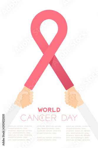 Pink ribbon breast cancer sign with Holding hands, World cancer day concept layout poster template design illustration isolated on white background with copy space