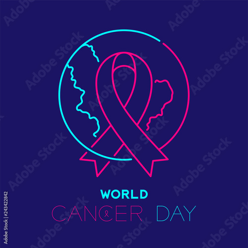World cancer day logo icon outline stroke set dash line design, ribbon and globe illustration isolated on dark blue background with copy space