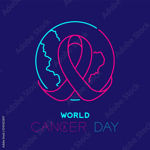 World cancer day logo icon outline stroke set dash line design, ribbon and globe illustration isolated on dark blue background with copy space