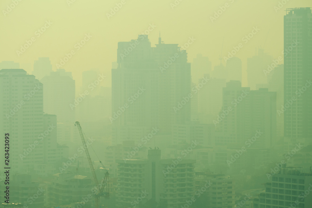 cityscape of high rise buildings in poor weather morning, haze of pollution covers city cityscape of high rise buildings in poor weather morning, haze of pollution covers city