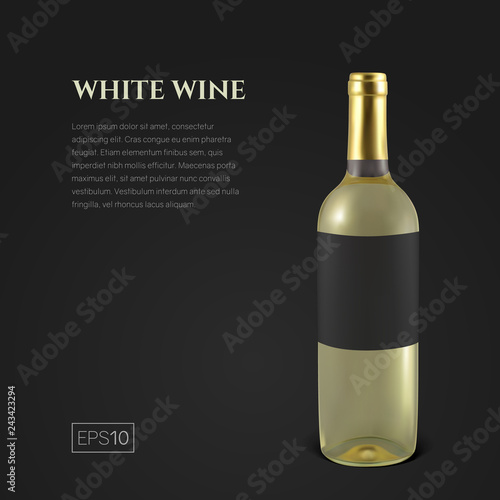 Photorealistic bottle of white wine on a black background. Mock up transparent bottle of wine. Template for product presentation or advertising in a minimalistic style.