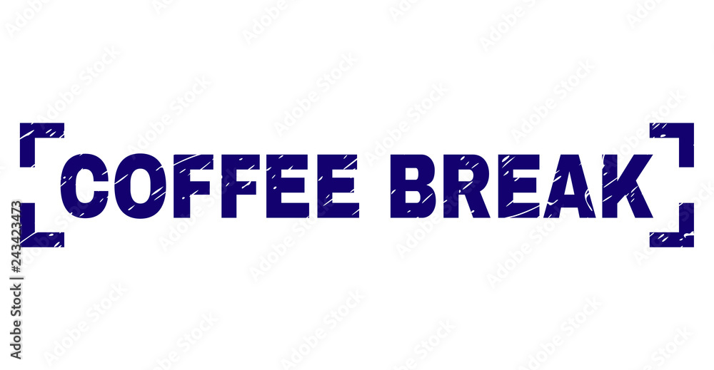COFFEE BREAK tag seal imprint with corroded effect. Text tag is placed inside corners. Blue vector rubber print of COFFEE BREAK with corroded texture.