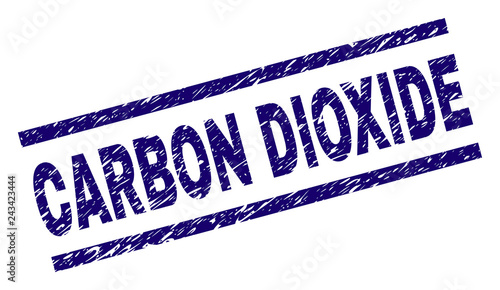 CARBON DIOXIDE seal print with distress style. Blue vector rubber print of CARBON DIOXIDE caption with corroded texture. Text caption is placed between parallel lines.