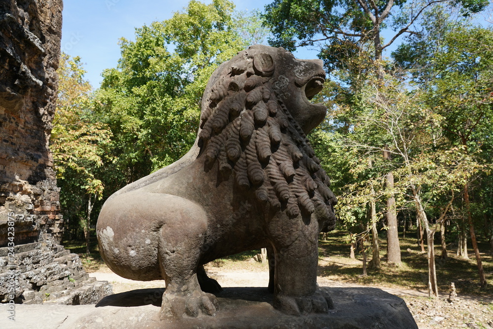 Kampong Thom, Cambodia-January 12, 2019: A statue of lion at Prasat Tao in Sambor Prei Kuk in Cambodia
Kampong Thom, Cambodia-January 12, 2019: A statue of lion at Prasat Tao in Sambor Prei Kuk in Cambodia