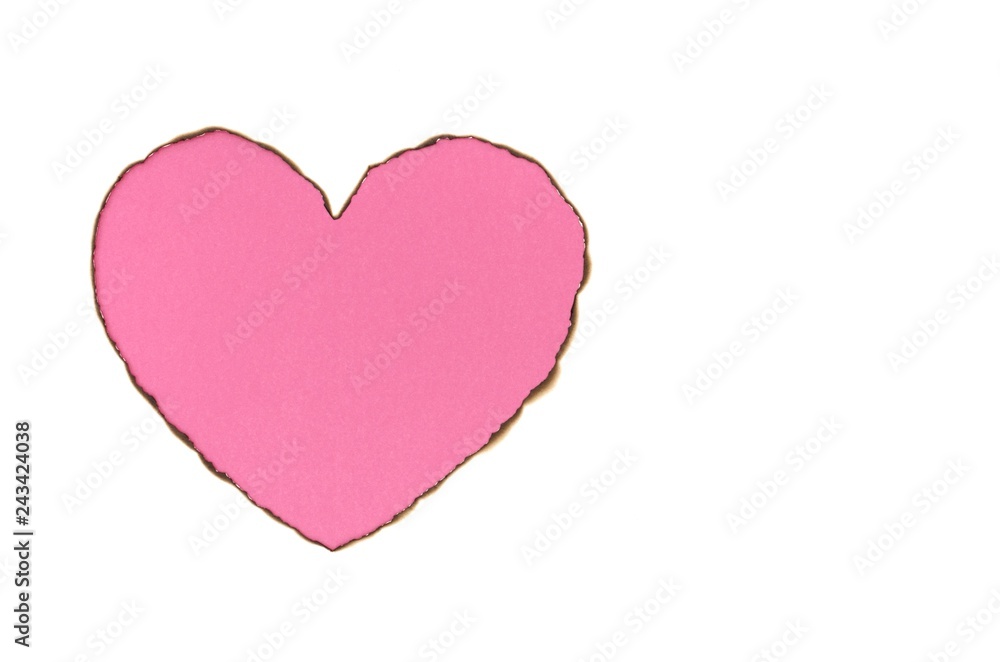 Pink color heart love shape with burnt white paper at the edge on white background.