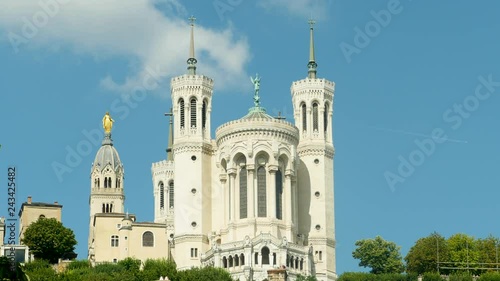 French Cathedral Exterior with Angel on Dragon Wide Front