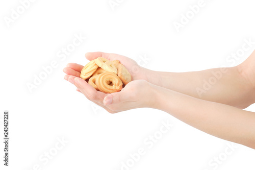 Sweets placed on the palm indicate the giving on white background. clipping path.