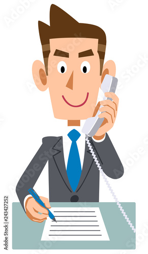 ビジネスマン　電話　内線　メモ
