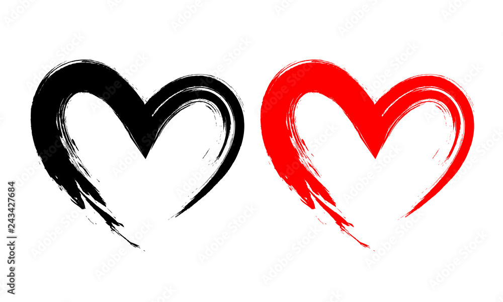 Black and red heart shape. Design for love symbols. Brush style