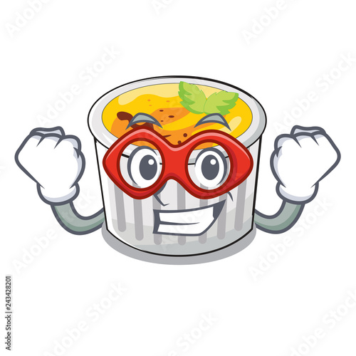 Super hero creme brule in white cartoon bowl